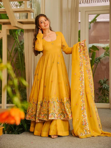 yellow embroidered gown sharara set